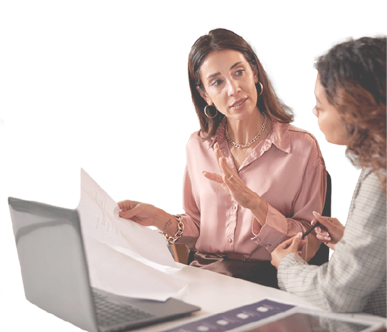 Office, planning and financial advisor with client for document, investment discussion and tips. Business meeting, women or conversation with policy for insurance advice, guidance or corporate report