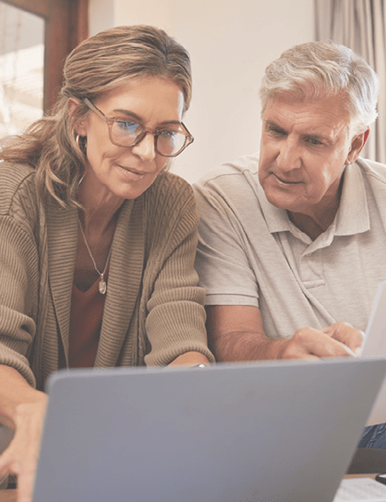 Retirement couple budget, finance and investment planning, loan and paper bills with laptop technology in home. Mature people money, cash savings or legal insurance document report on online bank.