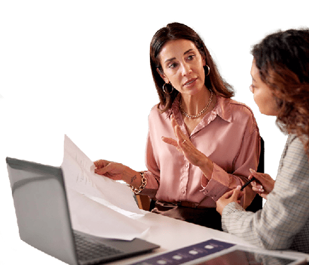 Office, planning and financial advisor with client for document, investment discussion and tips. Business meeting, women or conversation with policy for insurance advice, guidance or corporate report