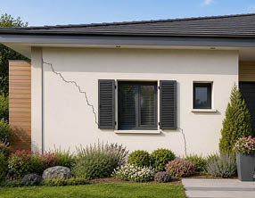 Une fa ade de maison avec des volets noirs, une fissure visible sur le mur blanc et un jardin fleuri bien entretenu devant. Description g n r e par IA
