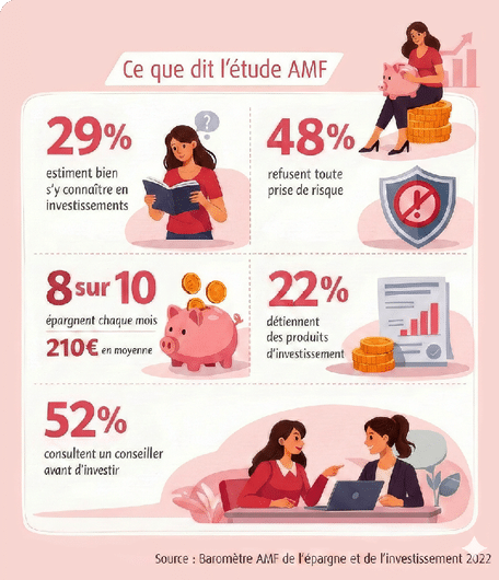 Une infographie color e pr sente les r sultats d'une tude sur l' pargne et l'investissement avec des pourcentages, des illustrations de personnes lisant, discutant, et des symboles li s   l'argent et au risque.  Description g n r e par IA
