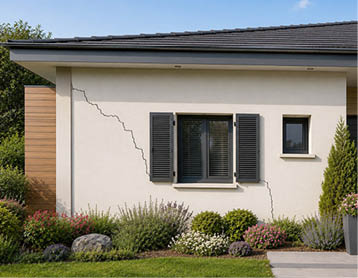 Une fa ade de maison avec des volets noirs ouverts, une fissure visible sur le mur blanc et un jardin fleuri au premier plan. Description g n r e par IA