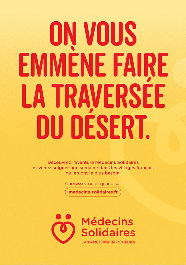 Texte en rouge sur fond jaune invitant  d couvrir l'aventure M decins Solidaires en soignant une semaine dans les villages fran ais qui en ont le plus besoin.  Description g n r e par IA