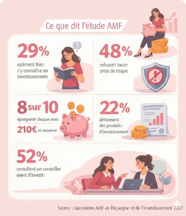 Une infographie color e pr sente des statistiques sur les connaissances et comportements des personnes concernant les investissements avec des illustrations de personnes lisant, discutant, et des symboles financiers. Description g n r e par IA