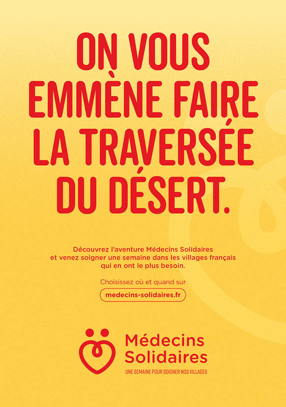 Texte en rouge sur fond jaune invitant  d couvrir l'aventure M decins Solidaires en soignant une semaine dans les villages fran ais qui en ont le plus besoin.  Description g n r e par IA